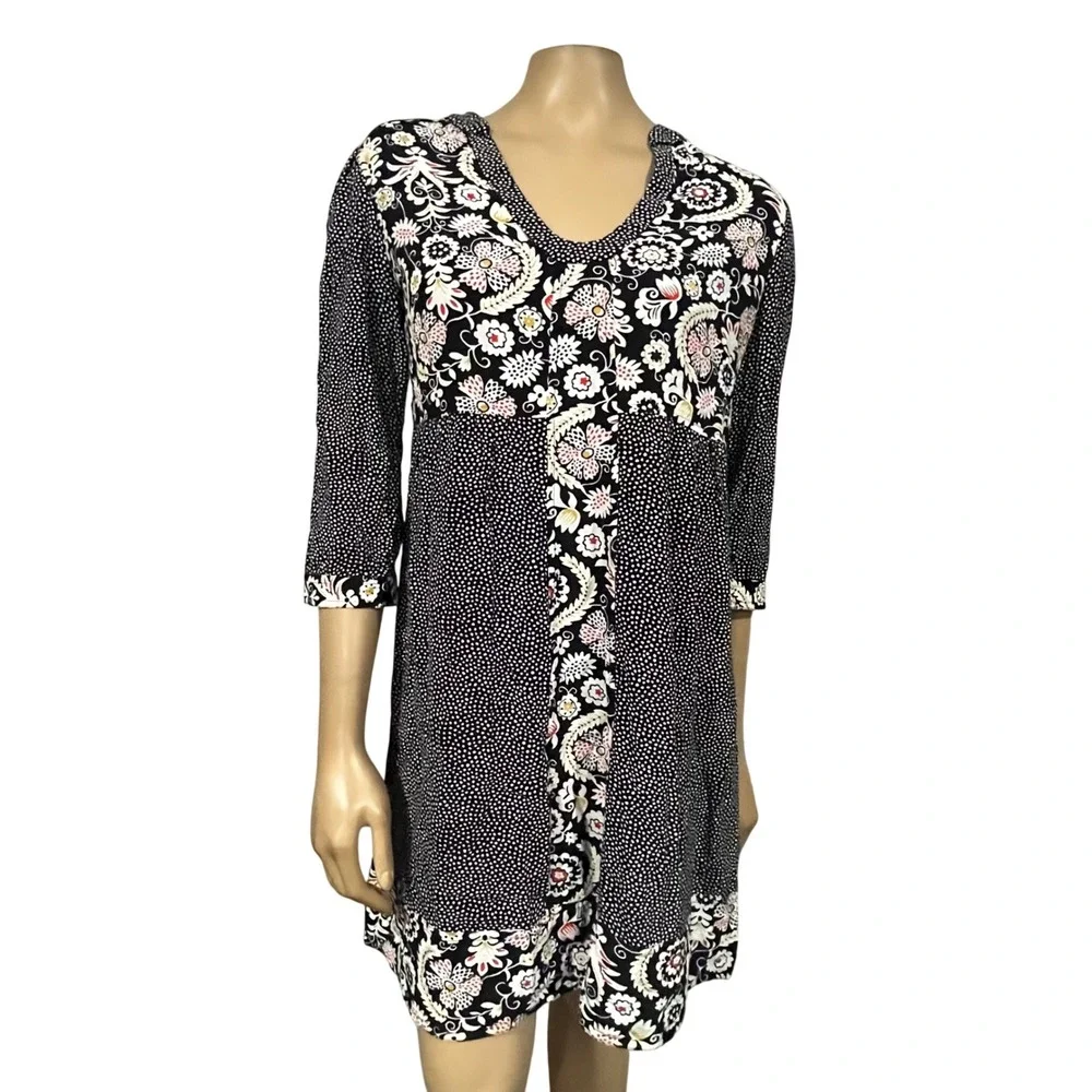 Boden Mixed Floral Polka Dot Empire Waist Dress Black White Cottagecore US 8